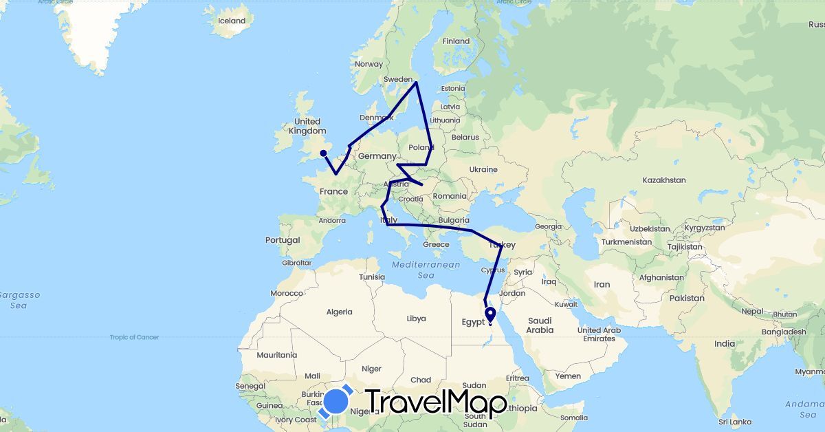 TravelMap itinerary: driving in Austria, Belgium, Czech Republic, Denmark, Egypt, France, United Kingdom, Hungary, Italy, Netherlands, Poland, Sweden, Slovakia, Turkey (Africa, Asia, Europe)